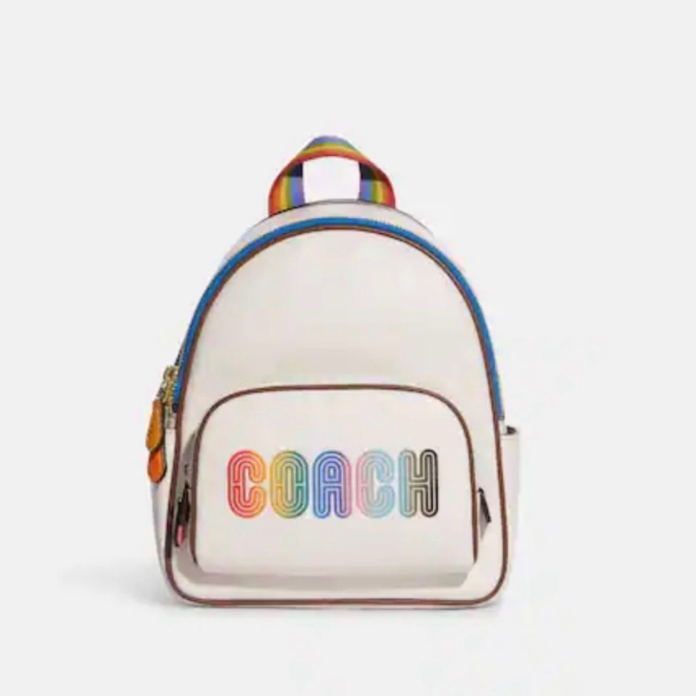 NWOT Coach Mini Court Backpack With Rainbow Print White In Pebbled Leather